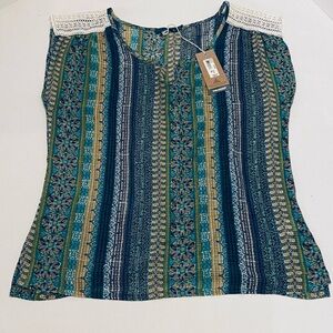Prana Teal and Navy Striped Blouse with Lace